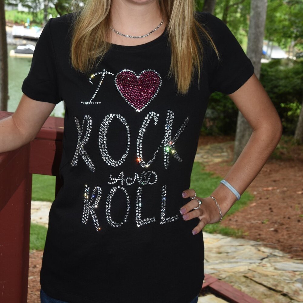 I  Love Rock and  Roll rhinestone bling shirt XS S M L XL XXL 1X 2X 3X 4X5X